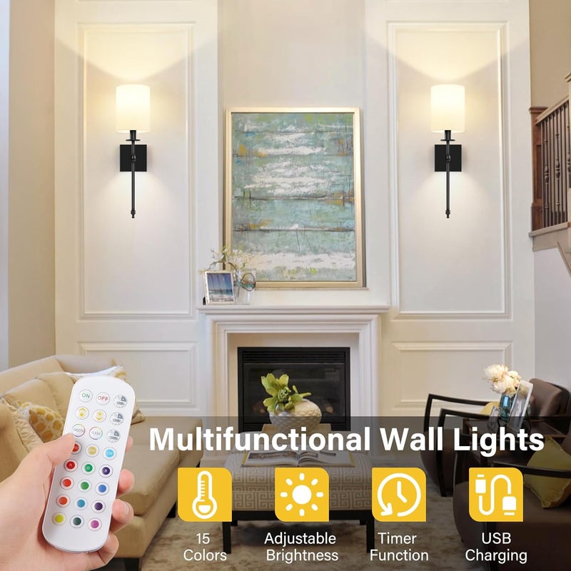 Bosceos 19.9 Inch Black Battery Operated Wall Sconces Set of 2, Rechargeable Wireless Wall Lights with Remote & White Fabric Shade, Indoor Not Hardwired Dimmable Wall Lamps for Living Room, 2 Bulbs Included - Image 5